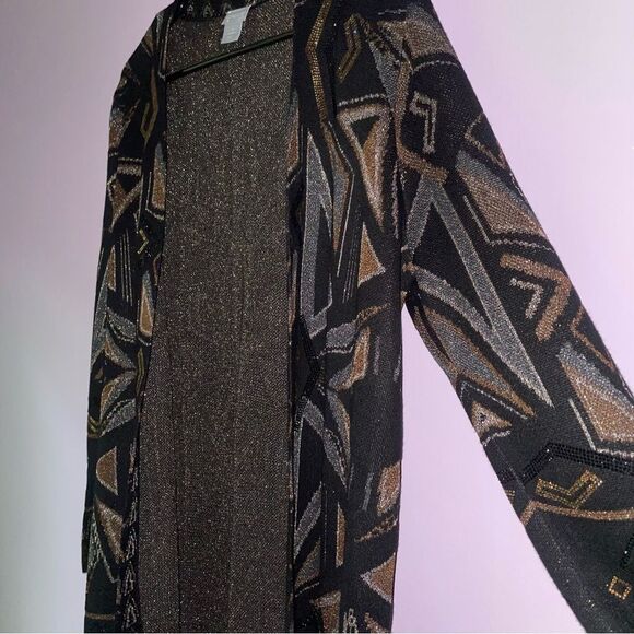 Chico's Cardigan M Open Front Longline Metallic Boho - Picture 2 of 9